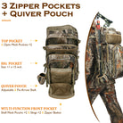 the backpack provides some pockets and a quiver pouch for bow hunters