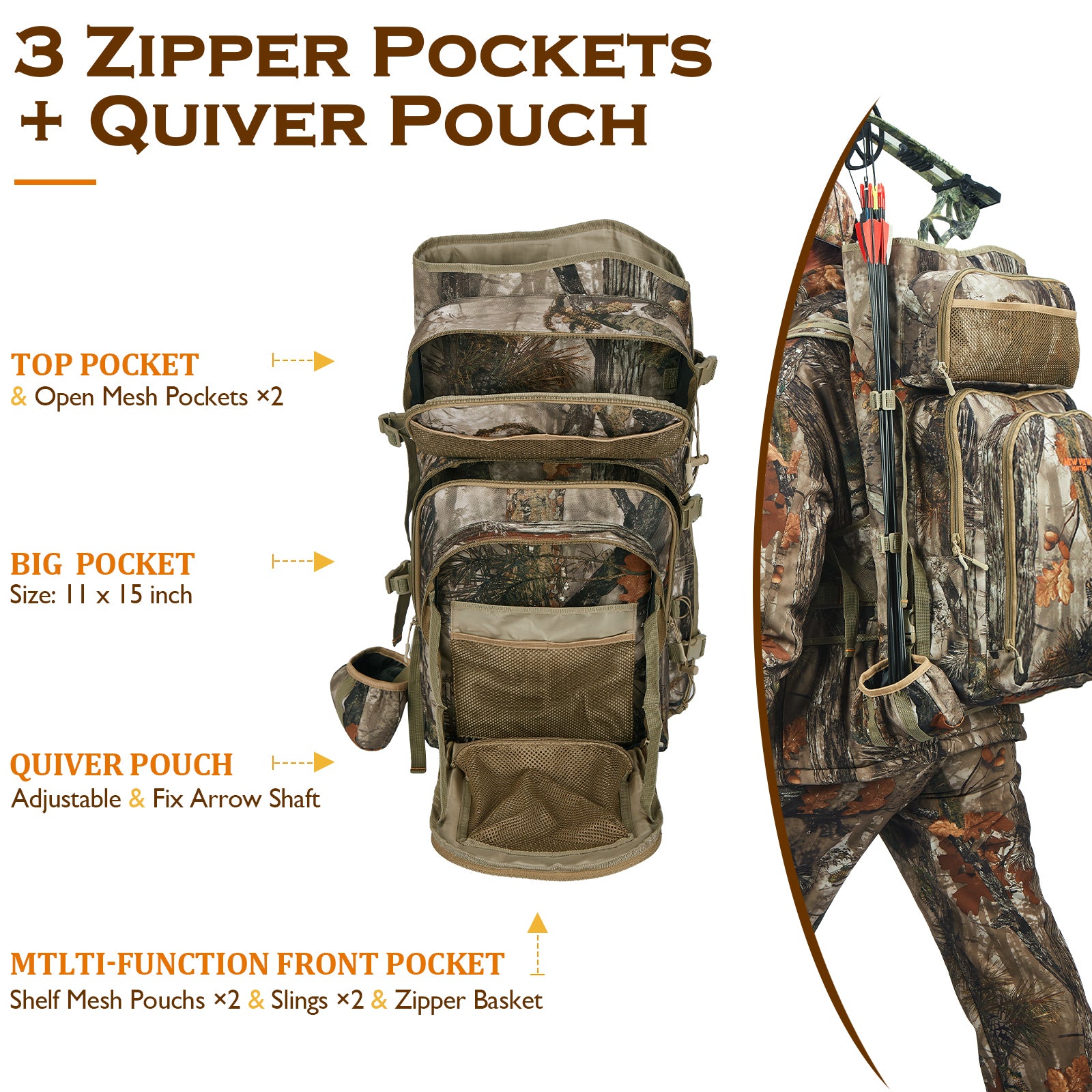 the backpack provides some pockets and a quiver pouch for bow hunters