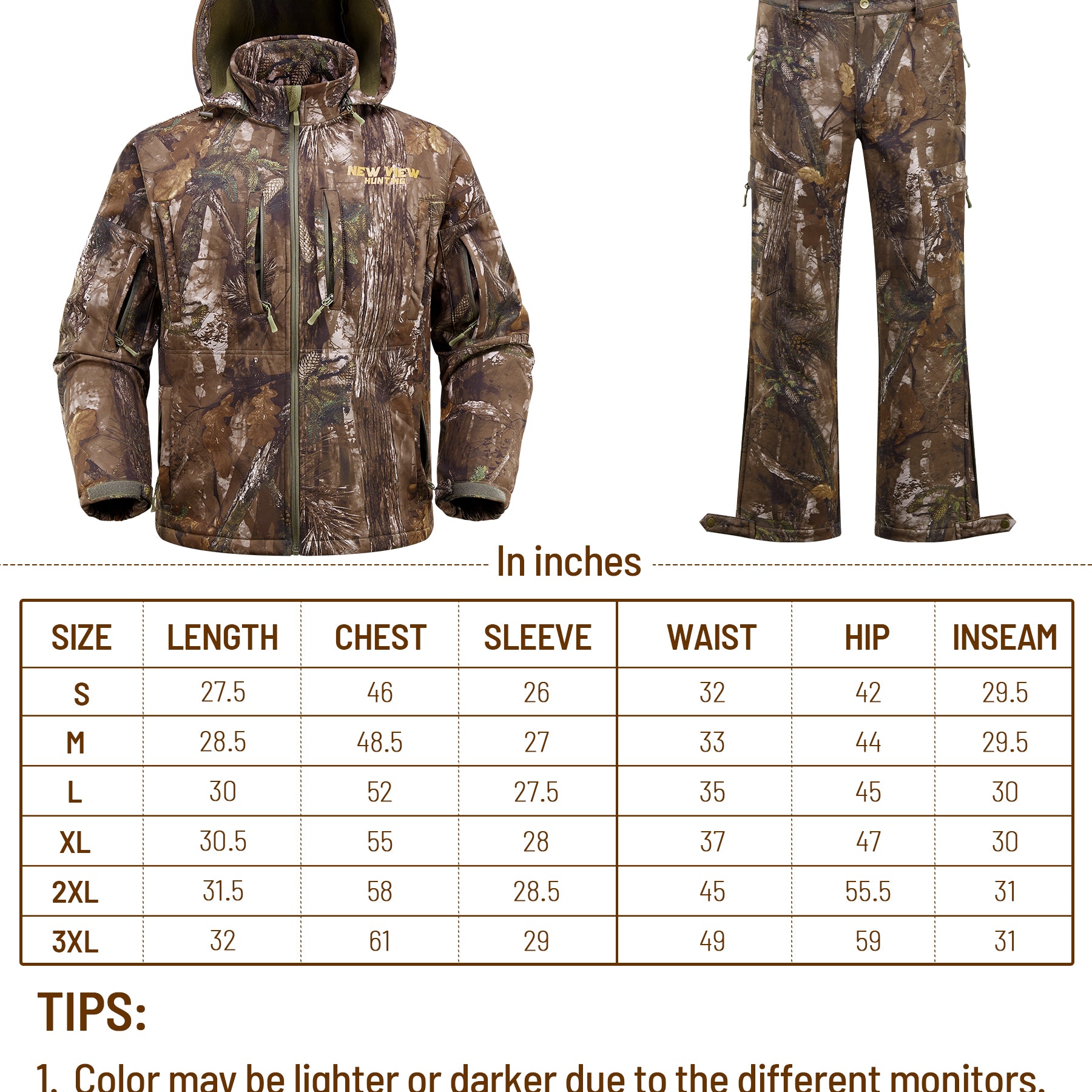 size chart of this hunting suit