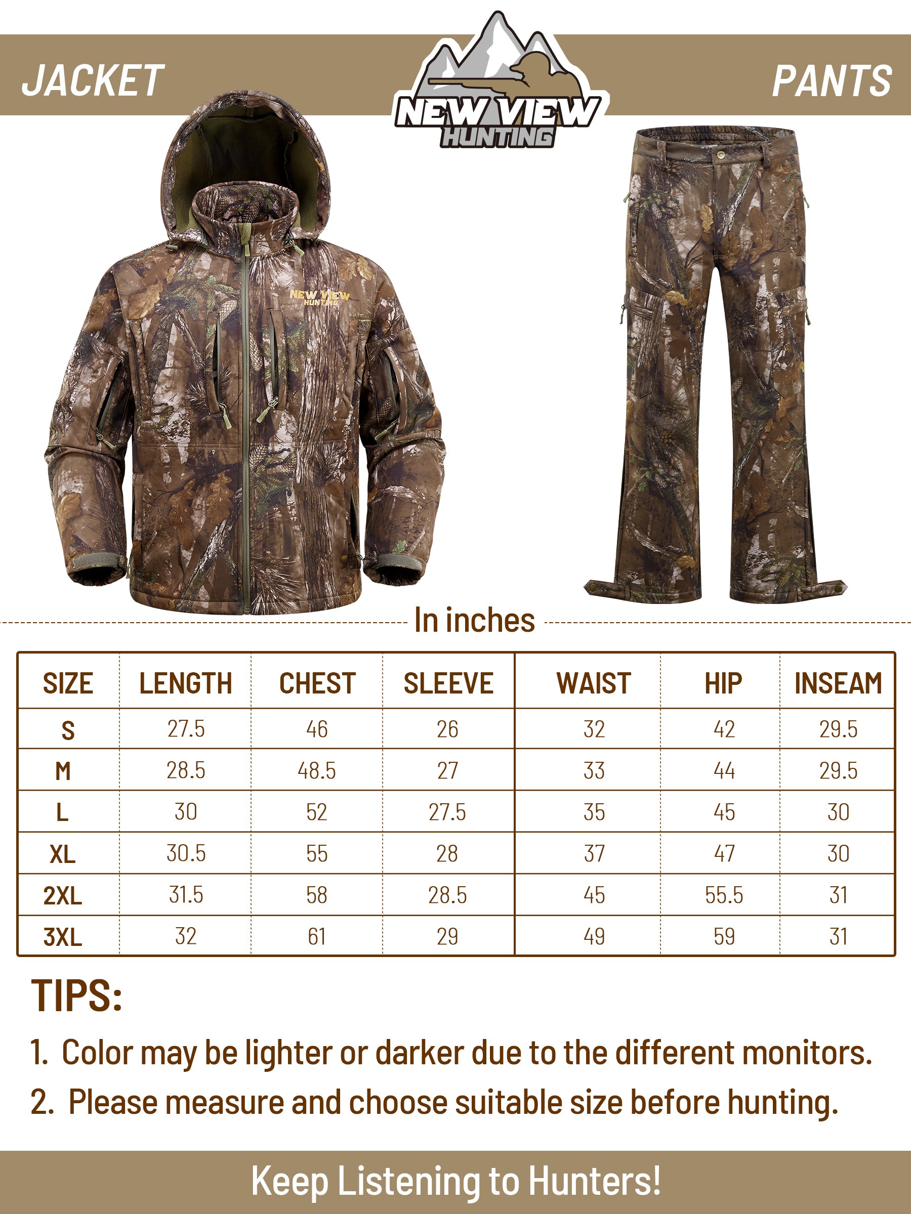 size chart of this hunting suit