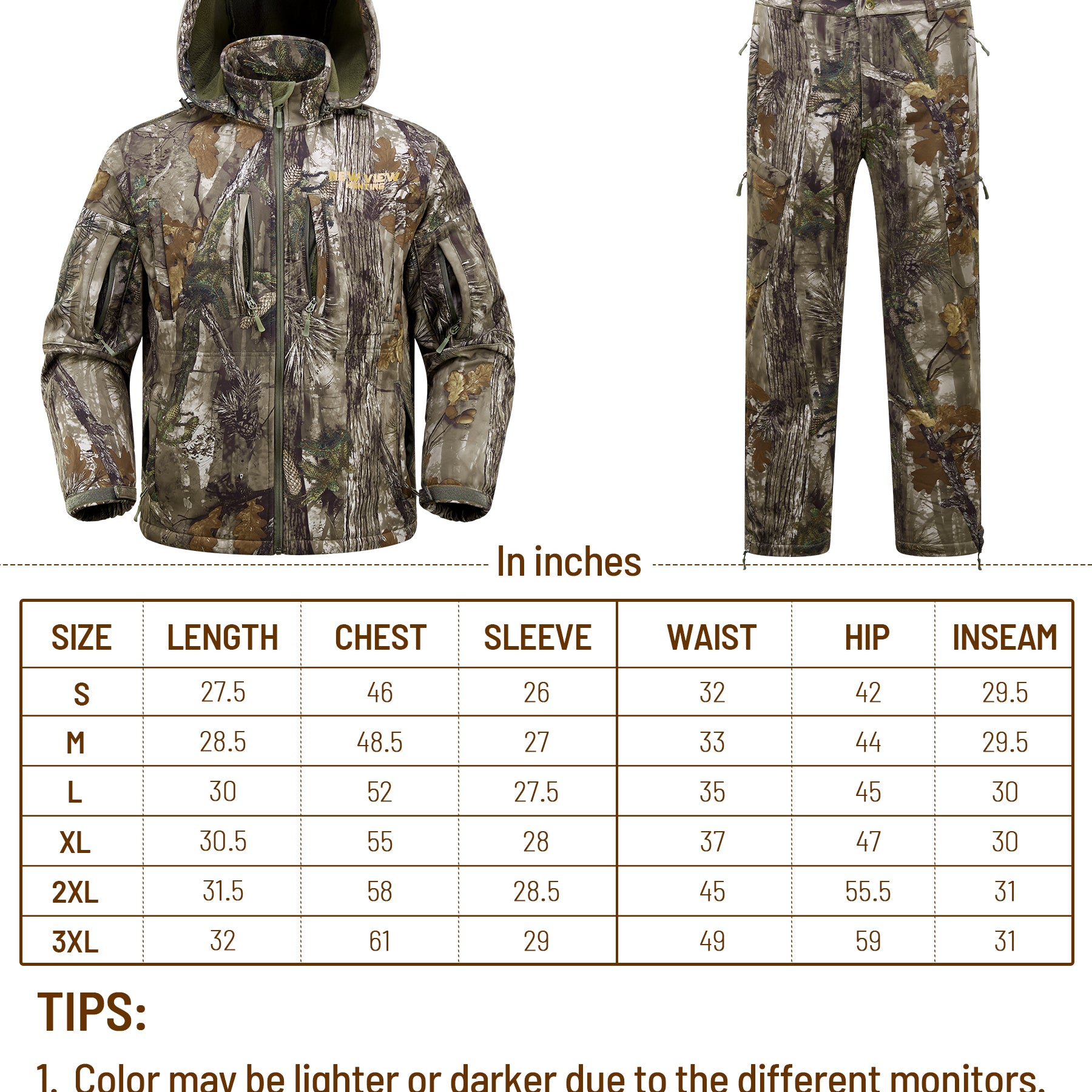 size chart of this hunting suit