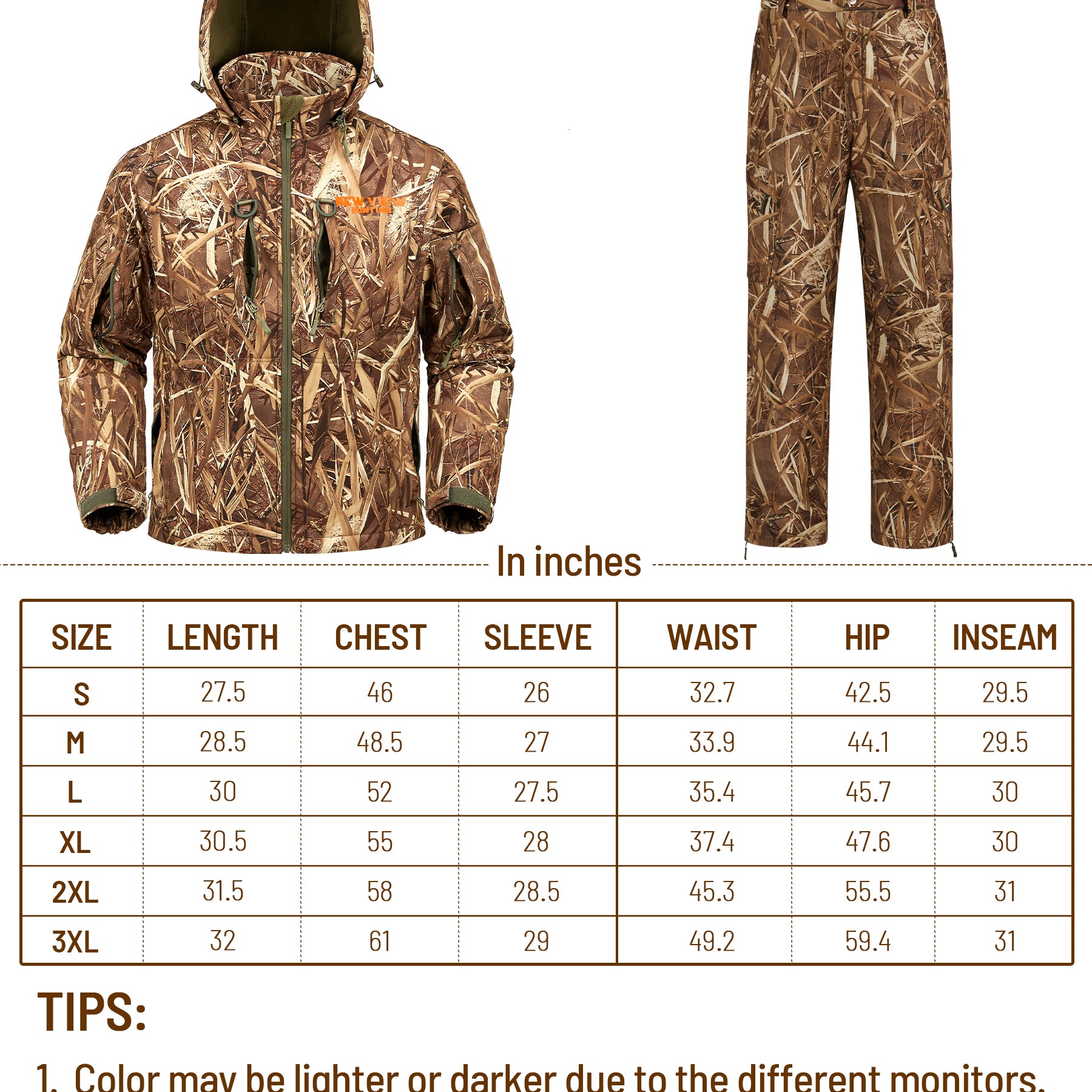 size chart of this hunting suit