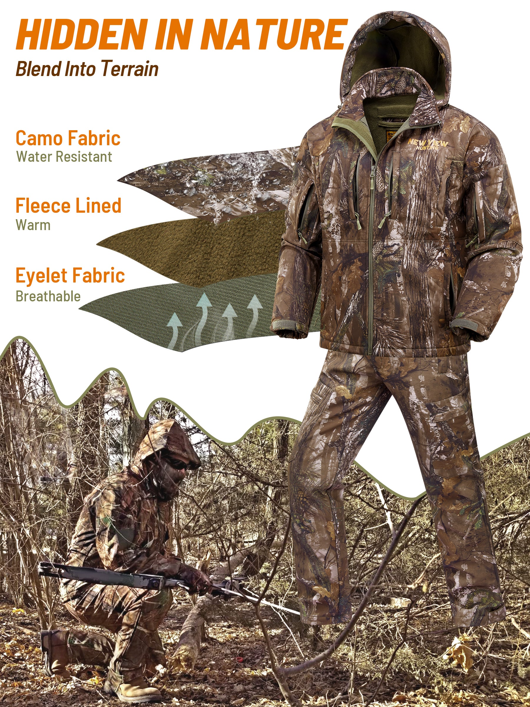 Quiet Camo Tree Hunting Suit for Men with Fleece Lining S / NV Tree