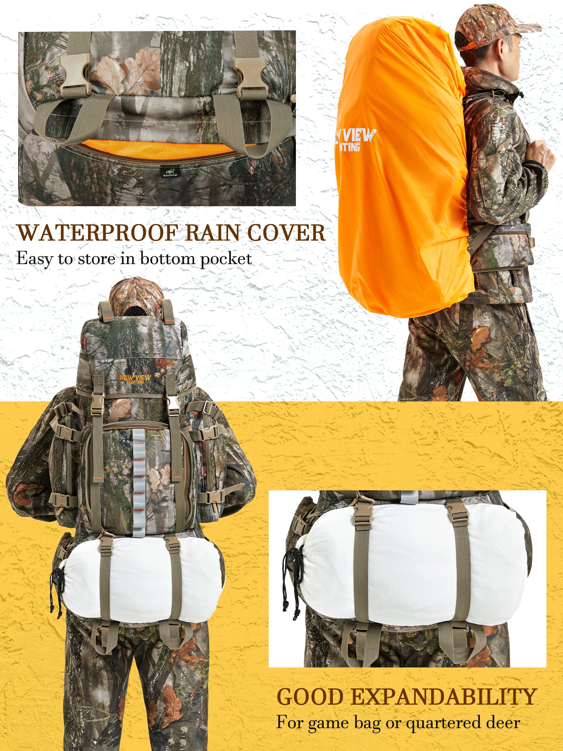 80L/4880cu Load-reducing Camo Hunting Backpack for Men with Rain Cover – New View Hunting